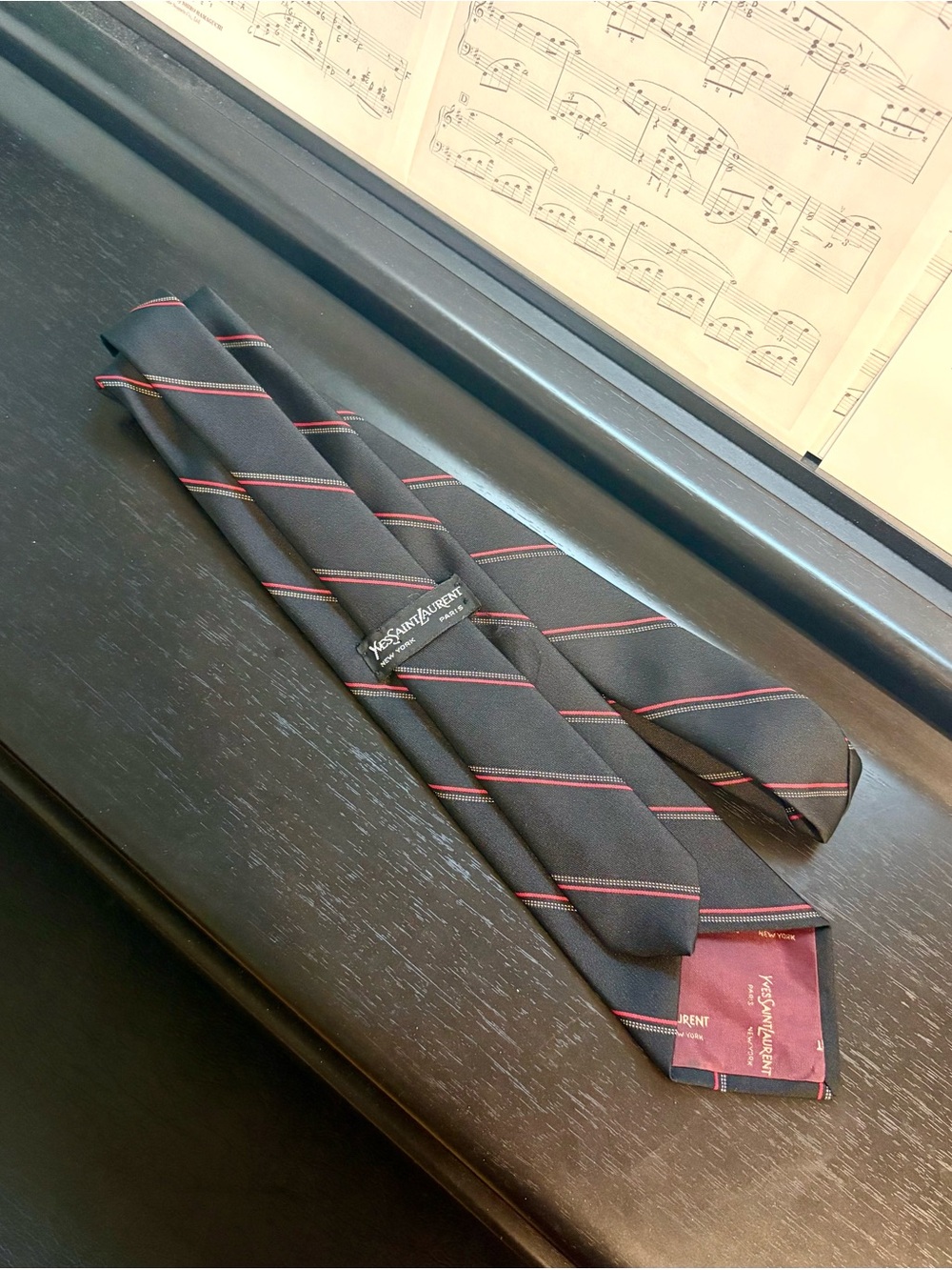 Yves Saint Laurent Black Tie with Red Strips, Elegant Designer Wear